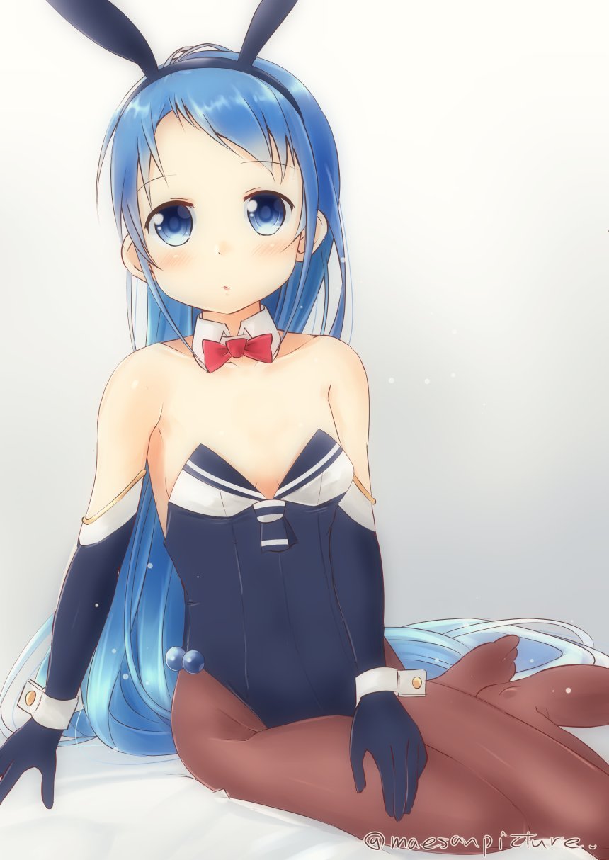1girl :o animal_ears artist_name bangs bare_shoulders blue_eyes blue_gloves blue_hair blush bow bowtie breasts bunnysuit collar commentary_request detached_collar elbow_gloves eyebrows_visible_through_hair gloves highres kantai_collection long_hair looking_at_viewer mae_(maesanpicture) pantyhose rabbit_ears red_neckwear samidare_(kantai_collection) sitting small_breasts solo swept_bangs very_long_hair wariza white_background white_collar wrist_cuffs