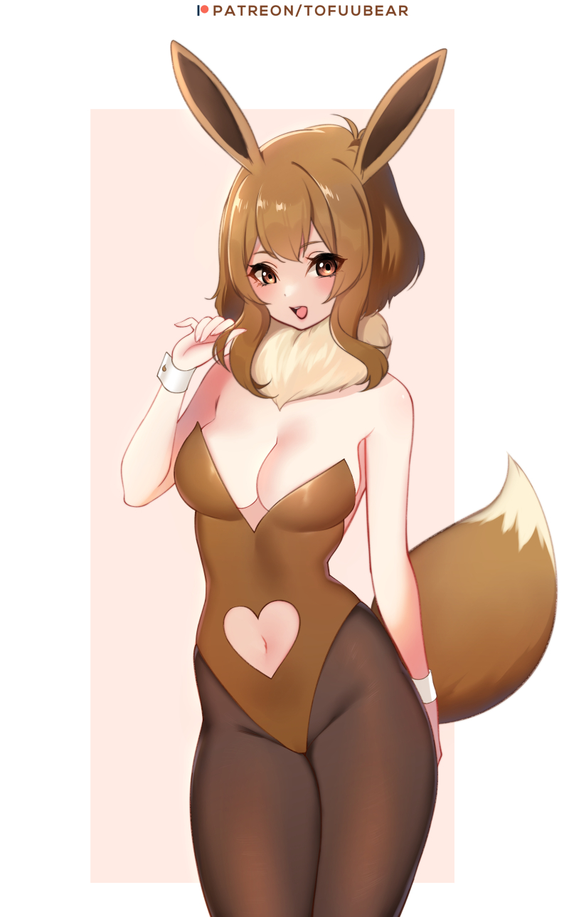 1girl :d animal_ears artist_name bangs bare_arms bare_shoulders black_legwear blush breasts brown_eyes brown_hair brown_leotard chinese_commentary commentary_request cowboy_shot eevee eyebrows_visible_through_hair fur_collar groin heart_cutout highleg highleg_leotard highres korean_commentary leotard looking_at_viewer medium_breasts mixed-language_commentary navel navel_cutout open_mouth pantyhose personification pink_background pokemon short_hair_with_long_locks sidelocks smile solo strapless strapless_leotard tail tofuubear two-tone_background white_background wrist_cuffs