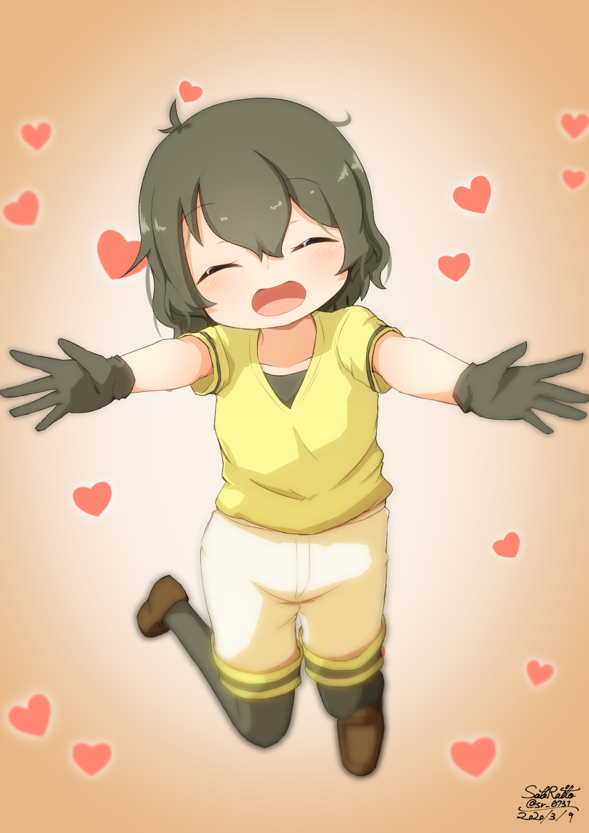 1girl :d ^_^ alternate_color black_gloves black_hair black_legwear brown_footwear closed_eyes commentary_request dated facing_viewer full_body gloves gradient gradient_background heart kaban_(kemono_friends) kemono_friends legwear_under_shorts open_mouth orange_background outstretched_arms pantyhose sateraito1024 shirt shoes short_hair short_sleeves shorts signature simple_background smile solo twitter_username white_shorts yellow_shirt