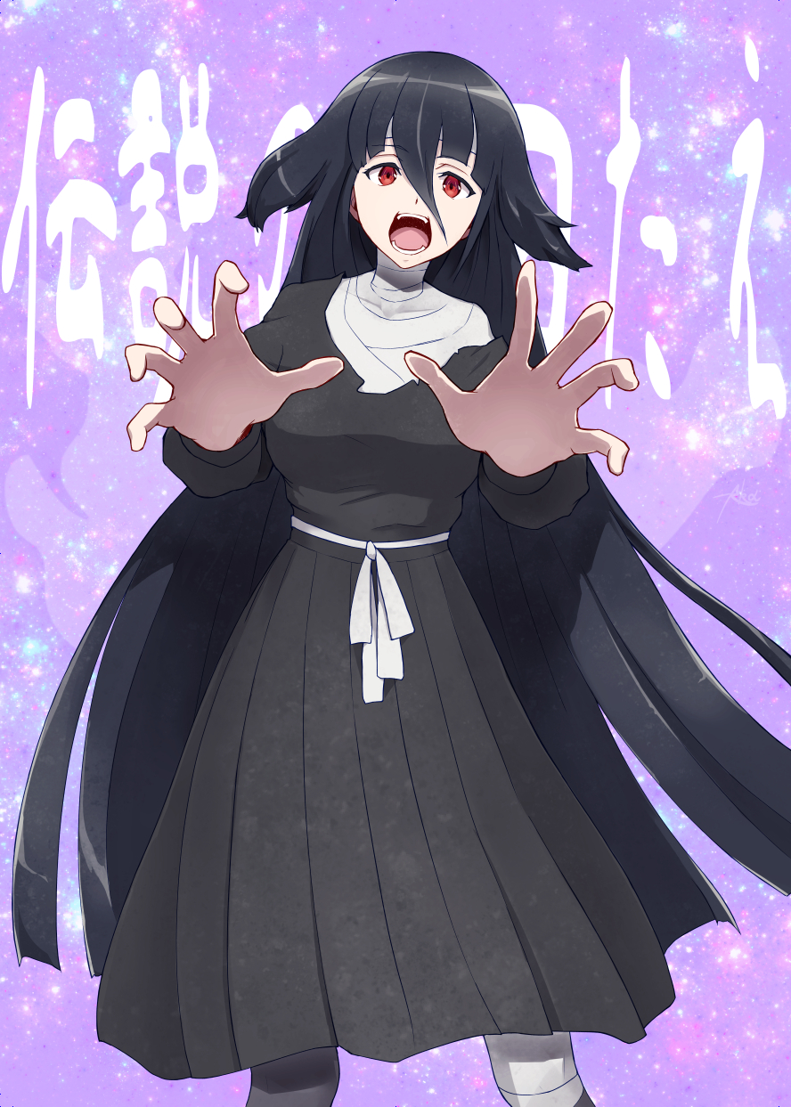 1girl akashingo_(rotampel) bandages black_hair character_name dress highres long_dress long_hair open_mouth outstretched_arms purple_background red_eyes star starry_background yamada_tae zombie_land_saga zombie_pose