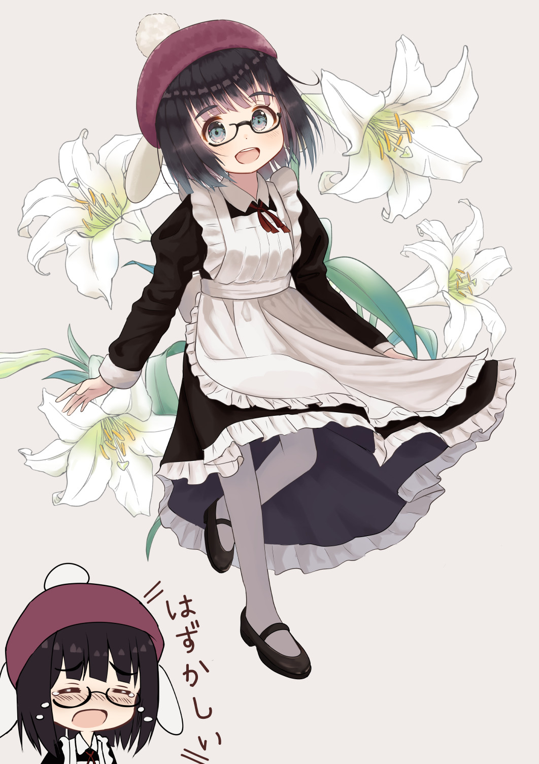 :d alternate_costume animal_ears apron bangs beret black-framed_eyewear black_dress black_footwear black_hair blue_eyes blush brown_headwear chibi closed_eyes collared_dress commentary_request copyright_request crying dress enmaided eyebrows_visible_through_hair fake_animal_ears floral_background flower frilled_apron frilled_dress frills glasses grey_background hat highres juliet_sleeves long_sleeves looking_at_viewer maid maid_apron mimikaki_(men_bow) multiple_views neck_ribbon open_mouth pantyhose puffy_sleeves rabbit_ears red_ribbon ribbon semi-rimless_eyewear shoes simple_background smile tears translated under-rim_eyewear upper_teeth virtual_youtuber white_apron white_flower white_legwear