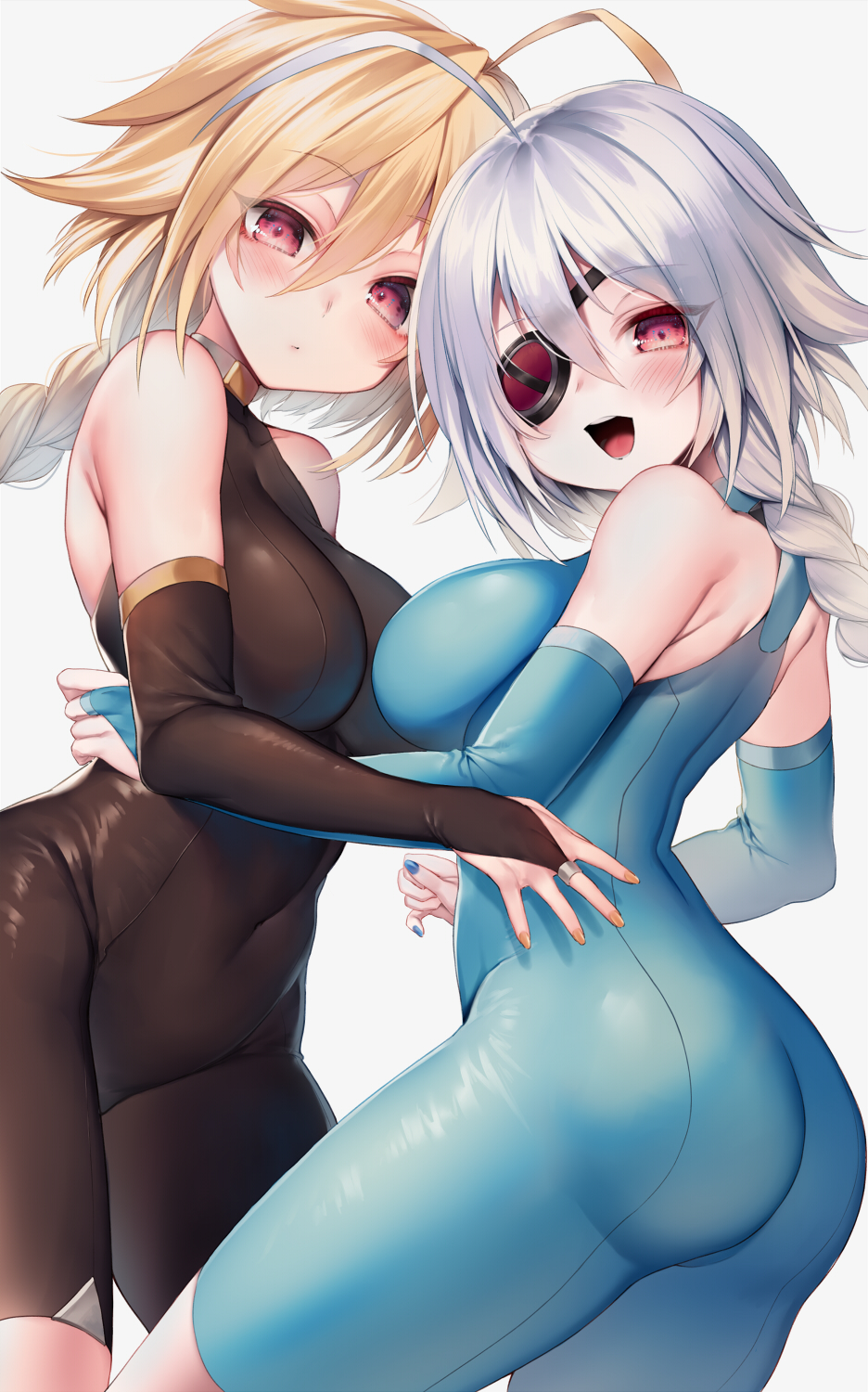 2girls ahoge ass bangs bare_shoulders blazblue blush bodysuit braid breasts bridal_gauntlets covered_navel eyepatch eyes_visible_through_hair from_side hair_between_eyes highres himegi_you hug huge_ahoge lambda-11 large_breasts long_hair looking_at_viewer looking_back multiple_girls nail_polish nu-13 open_mouth red_eyes simple_background single_braid skin_tight smile turtleneck very_long_hair white_background