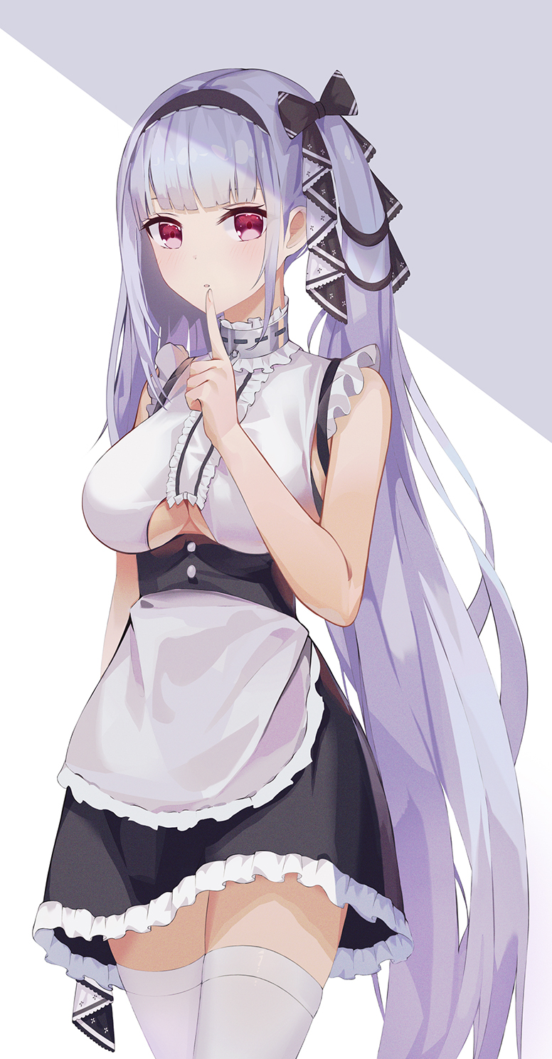 1girl apron azur_lane bare_shoulders black_hairband blush breasts cleavage_cutout cosplay dido_(azur_lane) dress eyebrows_visible_through_hair formidable_(azur_lane) frilled_dress frills hair_ribbon hairband highres large_breasts lin_(user_uzmw2535) long_hair looking_at_viewer maid red_eyes ribbon solo thigh-highs under_boob very_long_hair waist_apron white_apron white_legwear