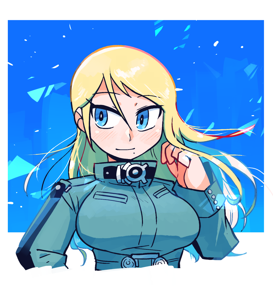 1girl alternate_costume blonde_hair blue_background blue_eyes blush breasts bright_pupils closed_mouth green_jacket hair_between_eyes hand_up jacket large_breasts long_hair long_sleeves metroid mole mole_under_eye rariatto_(ganguri) samus_aran smile solo upper_body