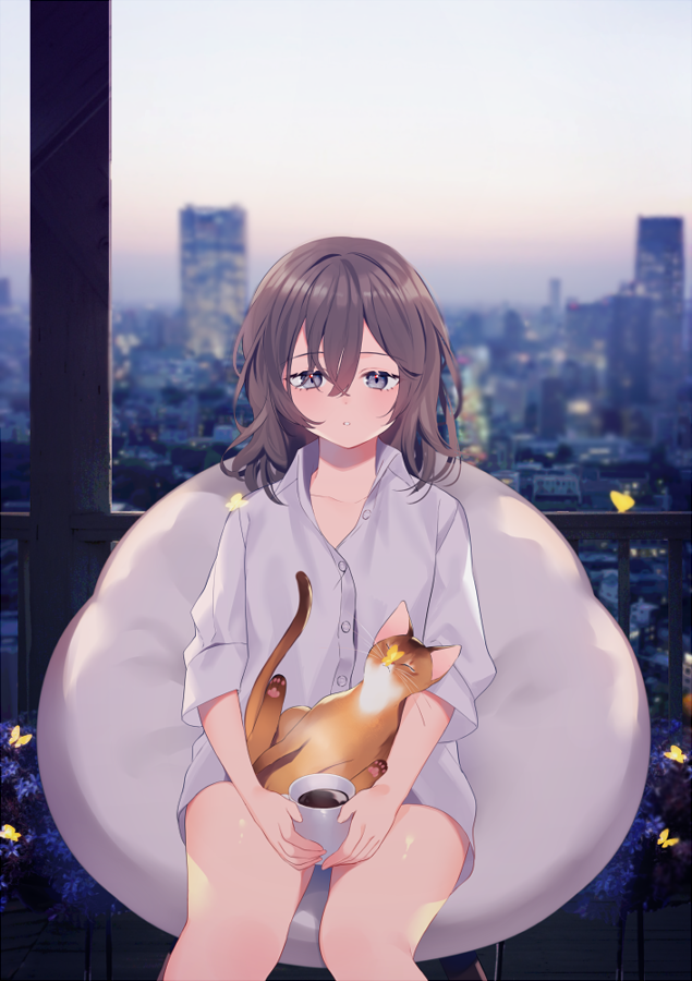 1girl achiki animal brown_hair cat coffee coffee_mug collarbone cup eyebrows_visible_through_hair holding holding_animal holding_cup looking_at_viewer medium_hair messy_hair mug original pajamas sitting solo tired wavy_hair