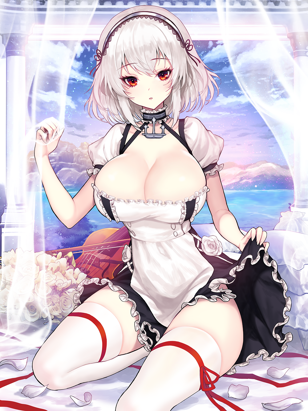 1girl anchor apron azur_lane bangs bed_sheet black_dress black_ribbon commentary curtains dress eyebrows_visible_through_hair eyelashes flower frilled_dress frilled_sleeves frills hair_ribbon hairband highres instrument kyundoo looking_at_viewer neck_garter parted_lips petals pillar puffy_short_sleeves puffy_sleeves red_eyes red_ribbon ribbon rock rose rose_petals short_sleeves sirius_(azur_lane) sitting skirt_hold solo thigh-highs thigh_strap tree two-tone_hairband violin waist_apron water white_apron white_flower white_legwear white_rose window