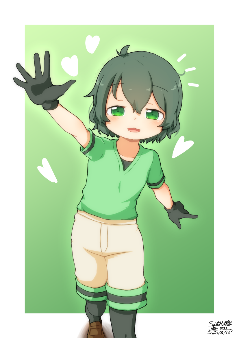 1girl :d alternate_color alternate_eye_color arm_up bangs black_gloves black_hair black_legwear brown_footwear commentary_request dated eyebrows_visible_through_hair gloves green_background green_eyes green_shirt hair_between_eyes heart kaban_(kemono_friends) kemono_friends legwear_under_shorts looking_at_viewer open_mouth outstretched_arm pantyhose sateraito1024 shirt shoes short_hair short_sleeves shorts signature simple_background smile solo twitter_username white_shorts