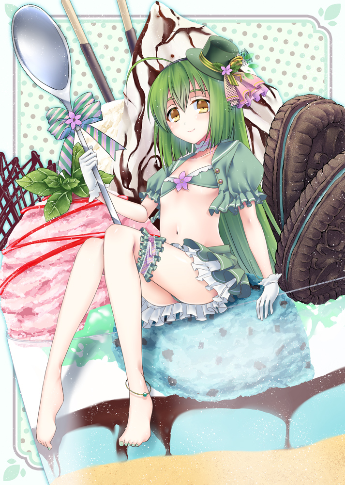 1girl a_k_1 ahoge anklet aqua_nails barefoot bow chocolate_syrup choker cookie flat_chest flower_knight_girl food foot_dangle frilled_choker frills full_body gloves green_bow green_headwear green_nails green_skirt hat hat_ribbon holding holding_spoon ice_cream in_food jewelry knees_together_feet_apart long_hair looking_at_viewer midriff mini_hat mini_top_hat minigirl miniskirt mint mint_(flower_knight_girl) navel pleated_skirt pocky polka_dot polka_dot_background puffy_short_sleeves puffy_sleeves revealing_clothes ribbon sandwich_cookie short_sleeves sitting skirt smile spoon striped striped_bow sundae thigh_strap tilted_headwear toe_scrunch toenail_polish top_hat very_long_hair whipped_cream white_gloves yellow_eyes