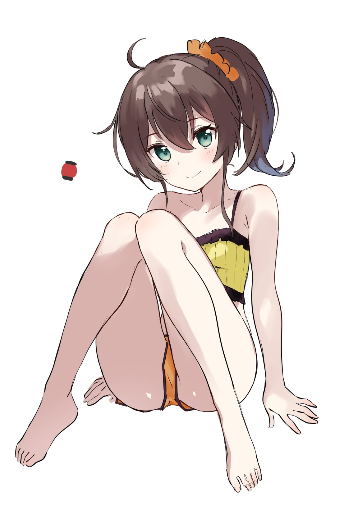 1girl ahoge ass bare_arms bare_legs bare_shoulders barefoot blue_eyes brown_hair camisole collarbone crop_top full_body h_(2de1flf8) hair_between_eyes hair_ornament hair_scrunchie highres hololive knees_up long_hair looking_at_viewer matsuri_channel micro_shorts midriff natsuiro_matsuri orange_shorts ponytail scrunchie shirt shorts simple_background sleeveless sleeveless_shirt smile solo spaghetti_strap thighs virtual_youtuber white_background yellow_shirt