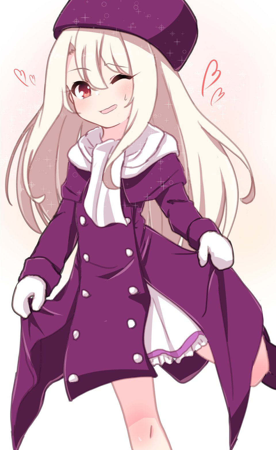 1girl bangs blush breasts buttons chawan_(yultutari) coat eyelashes fate/stay_night fate_(series) gradient gradient_background hair_between_eyes hat heart highres illyasviel_von_einzbern long_hair long_sleeves looking_at_viewer mittens one_eye_closed open_mouth pink_background purple_coat purple_headwear red_eyes scarf skirt small_breasts smile solo sparkle white_hair white_scarf white_skirt winter_clothes