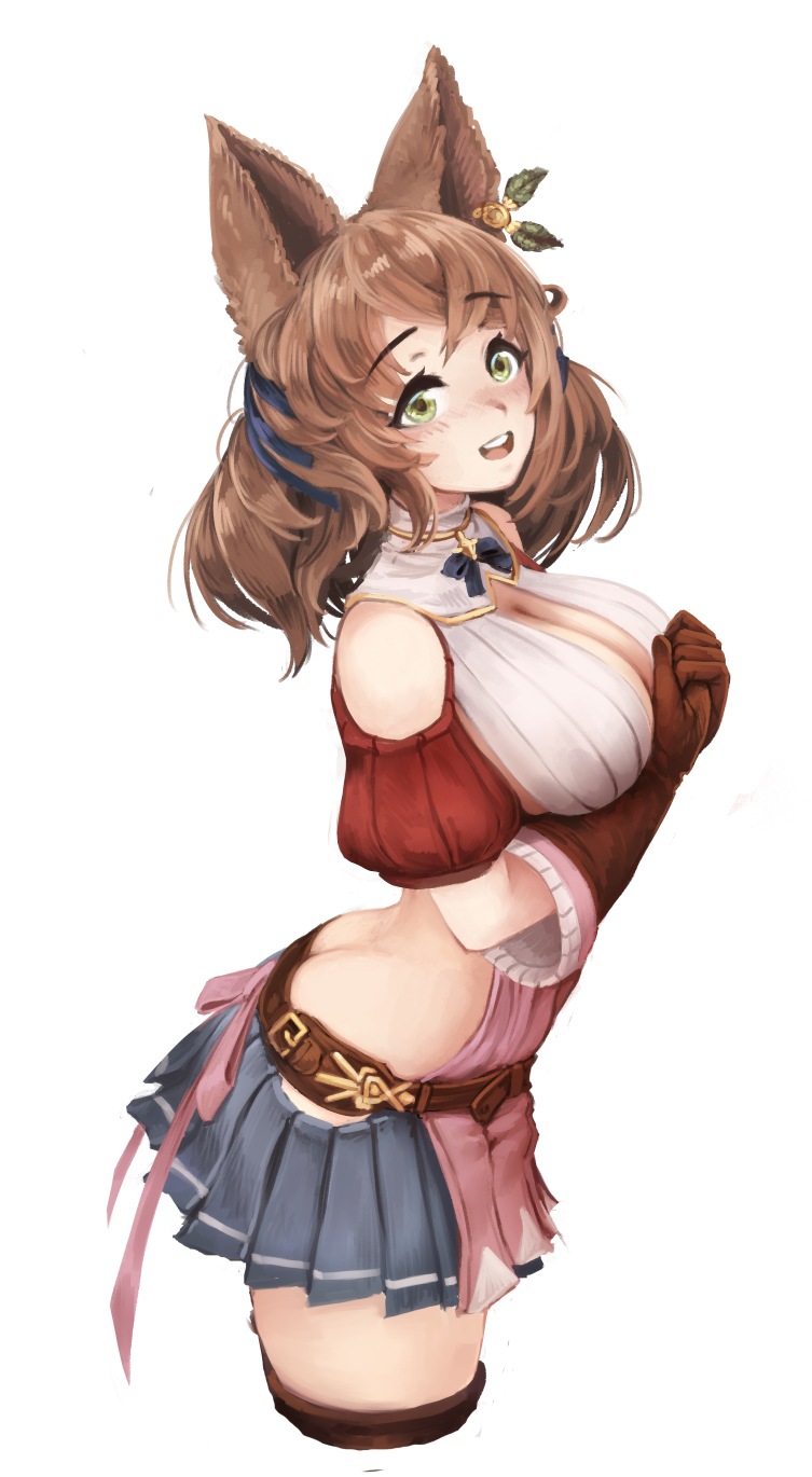 1girl :d animal_ears ass barbariank bare_shoulders belt breasts brown_gloves brown_hair commentary cowboy_shot cropped_legs ear_ornament english_commentary erune eyebrows_visible_through_hair gloves granblue_fantasy green_eyes hands_together highres la_coiffe_(granblue_fantasy) large_breasts looking_at_viewer medium_hair miniskirt open_mouth pleated_skirt puffy_short_sleeves puffy_sleeves short_sleeves simple_background skirt smile solo thigh-highs white_background