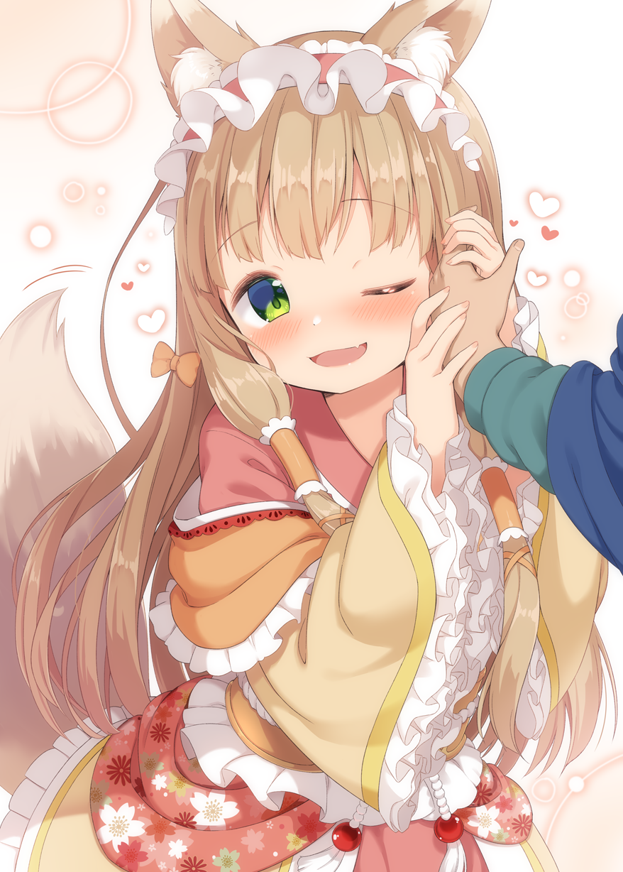 1girl ;d animal_ear_fluff animal_ears arm_up bangs blush bow brown_bow brown_dress brown_hair brown_ribbon commentary_request dress eyebrows_visible_through_hair fang floral_print frilled_dress frilled_hairband frills hair_bow hair_ribbon hair_tubes hairband hand_up heart highres himemiya_maho holding_hand long_hair long_sleeves muku_(muku-coffee) nail_polish one_eye_closed open_mouth out_of_frame pink_nails princess_connect! princess_connect!_re:dive red_hairband ribbon sleeves_past_wrists smile solo_focus tail tail_raised very_long_hair wide_sleeves