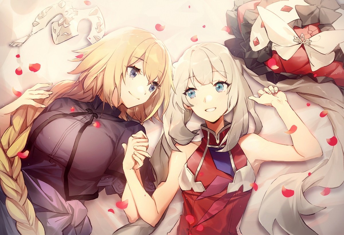 2girls aqua_eyes blonde_hair blue_eyes braid eyebrows_visible_through_hair fate/grand_order fate_(series) from_above headwear_removed holding_hands jeanne_d'arc_(fate)_(all) long_hair lying marie_antoinette_(fate/grand_order) multiple_girls no-kan petals shirt single_braid sleeveless sleeveless_shirt smile twintails white_hair