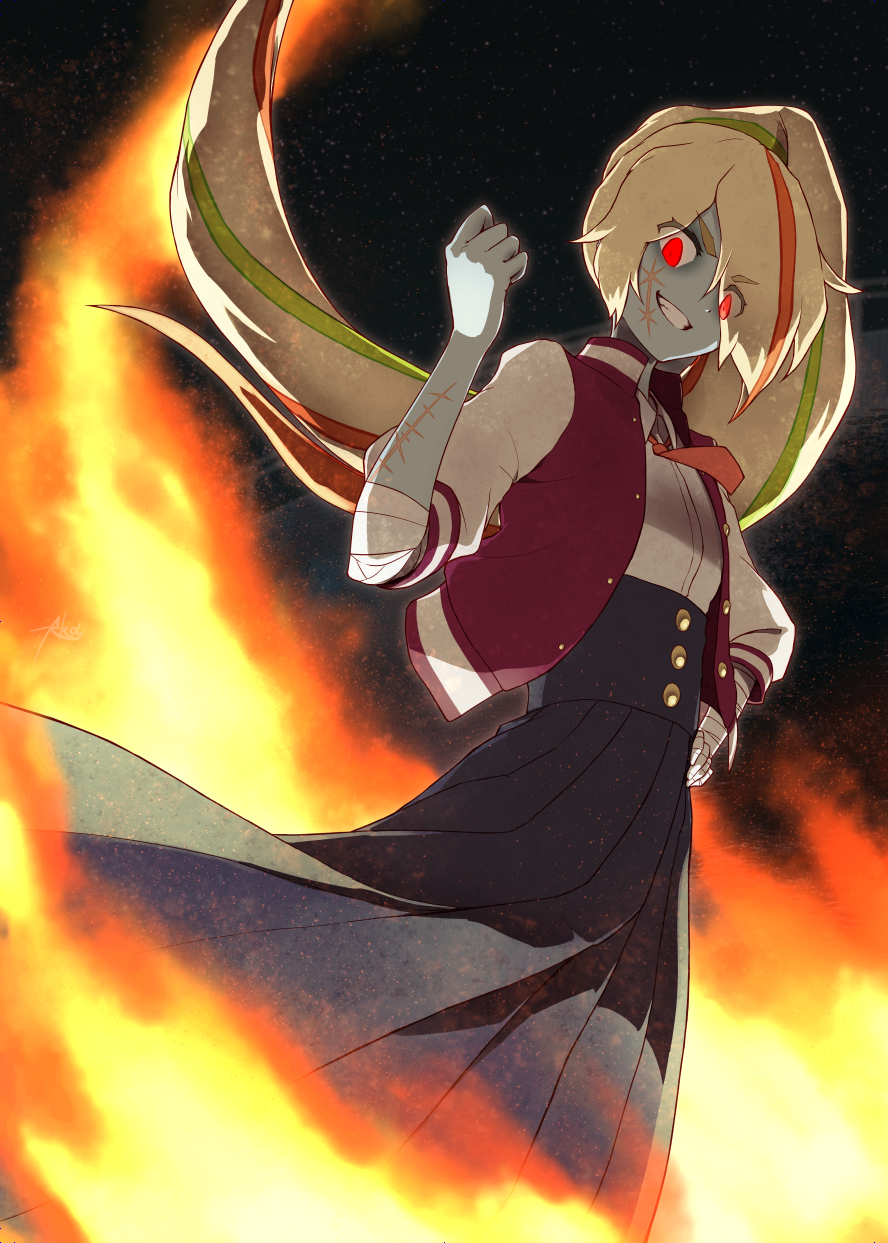 1girl akashingo_(rotampel) blonde_hair blue_skin cliff eyes_visible_through_hair fire fist_pump glowing glowing_eyes grin hand_on_hip highres long_skirt multicolored_hair necktie nikaidou_saki red_eyes skirt smile stitches streaked_hair zombie zombie_land_saga