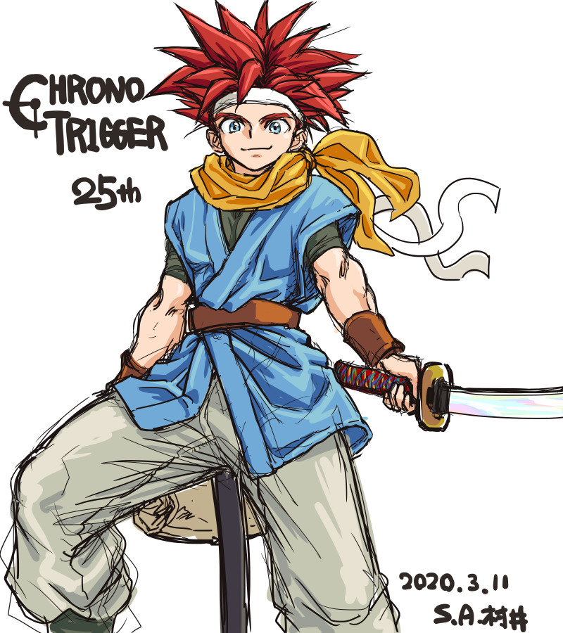 1boy anniversary blue_eyes blue_shirt chrono_trigger closed_mouth copyright_name crono dated headband male_focus redhead s-a-murai scarf shirt short_sleeves simple_background smile spiky_hair sword weapon white_background