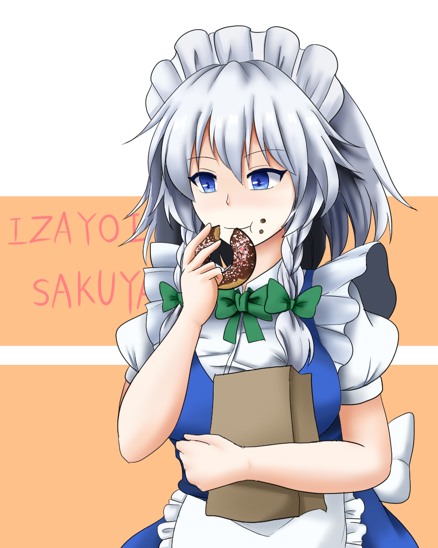 1girl :t apron bag bangs blue_eyes blush bow bowtie braid breasts character_name commentary_request doughnut eyebrows_visible_through_hair food food_on_face frilled_apron frills green_bow green_neckwear hair_between_eyes hair_bow hand_up holding holding_bag holding_food izayoi_sakuya kyomu_(zerokyomu) maid maid_apron maid_headdress medium_breasts orange_background paper_bag partial_commentary short_hair silver_hair smile solo touhou twin_braids two-tone_background upper_body waist_apron white_apron white_background