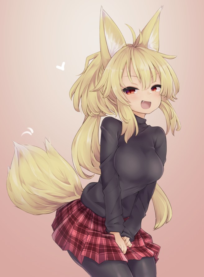 1girl :d animal_ears black_legwear black_sweater blonde_hair breasts fang fox_ears fox_girl fox_tail long_hair medium_breasts miniskirt open_mouth original pantyhose plaid plaid_skirt rechiko_(yarareimu) red_eyes sidelocks simple_background skirt smile solo sweater tail v_arms yarareimu