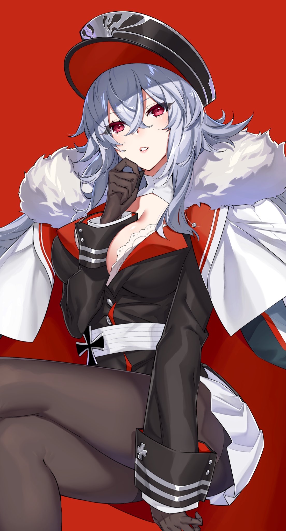 1girl azur_lane bangs between_breasts black_headwear black_jacket breasts brown_gloves brown_legwear character_request crossed_bangs crossed_legs eyelashes eyes_visible_through_hair fur_trim gloves graf_zeppelin_(azur_lane) grey_hair hand_between_breasts hand_on_own_chin hat highres invisible_chair iron_cross jacket jacket_on_shoulders large_breasts long_sleeves medium_hair pantyhose parted_lips peaked_cap pink_lips pleated_skirt red_background red_eyes sash simple_background sitting skirt solo westxost_(68monkey) white_jacket white_sash white_skirt