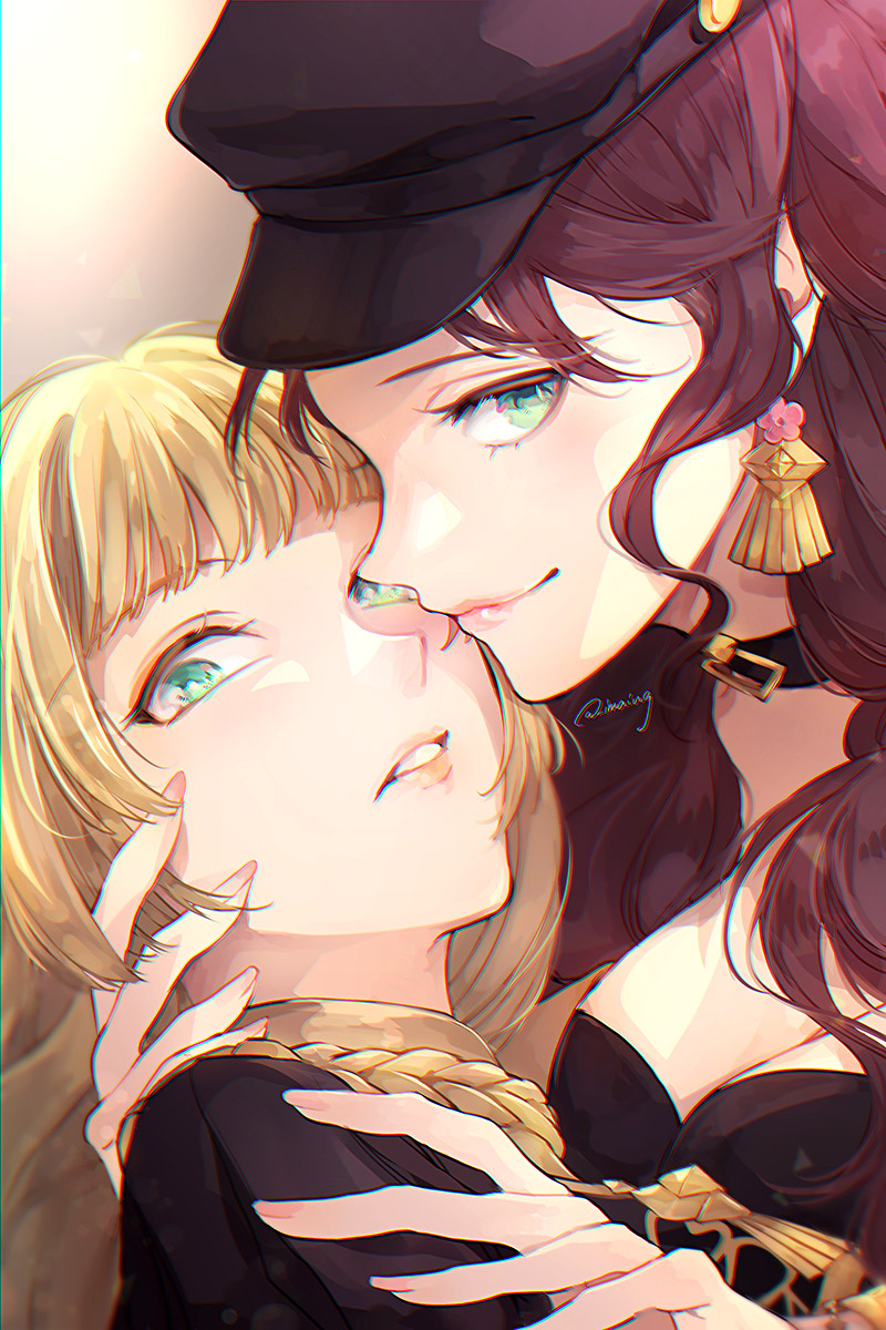 2girls black_headwear blonde_hair brown_hair choker closed_mouth dorothea_arnault earrings fire_emblem fire_emblem:_three_houses from_side green_eyes hat highres imaing ingrid_brandl_galatea jewelry long_hair multiple_girls parted_lips smile twitter_username