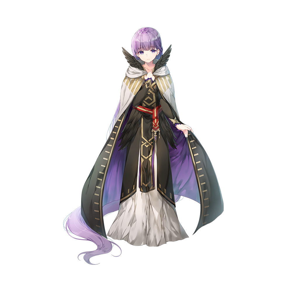 1girl absurdly_long_hair artist_request black_dress black_feathers cape dress expressionless eyebrows_visible_through_hair feathers fire_emblem fire_emblem_heroes hair_between_eyes long_dress long_hair looking_at_viewer official_art purple_hair solo sophia_(fire_emblem) transparent_background very_long_hair violet_eyes