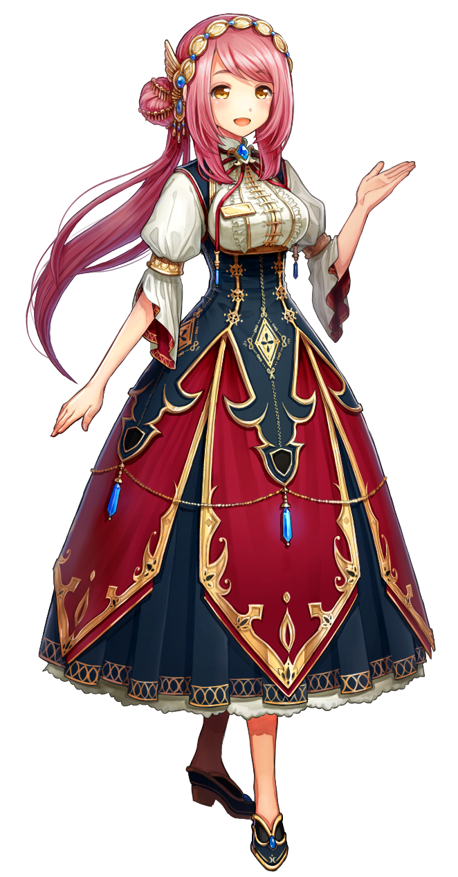 1girl :d asahiao black_footwear breasts brooch brown_eyes dress full_body gold_trim hair_ornament hand_up highres jewelry large_breasts name_tag official_art open_mouth pink_hair smile solo