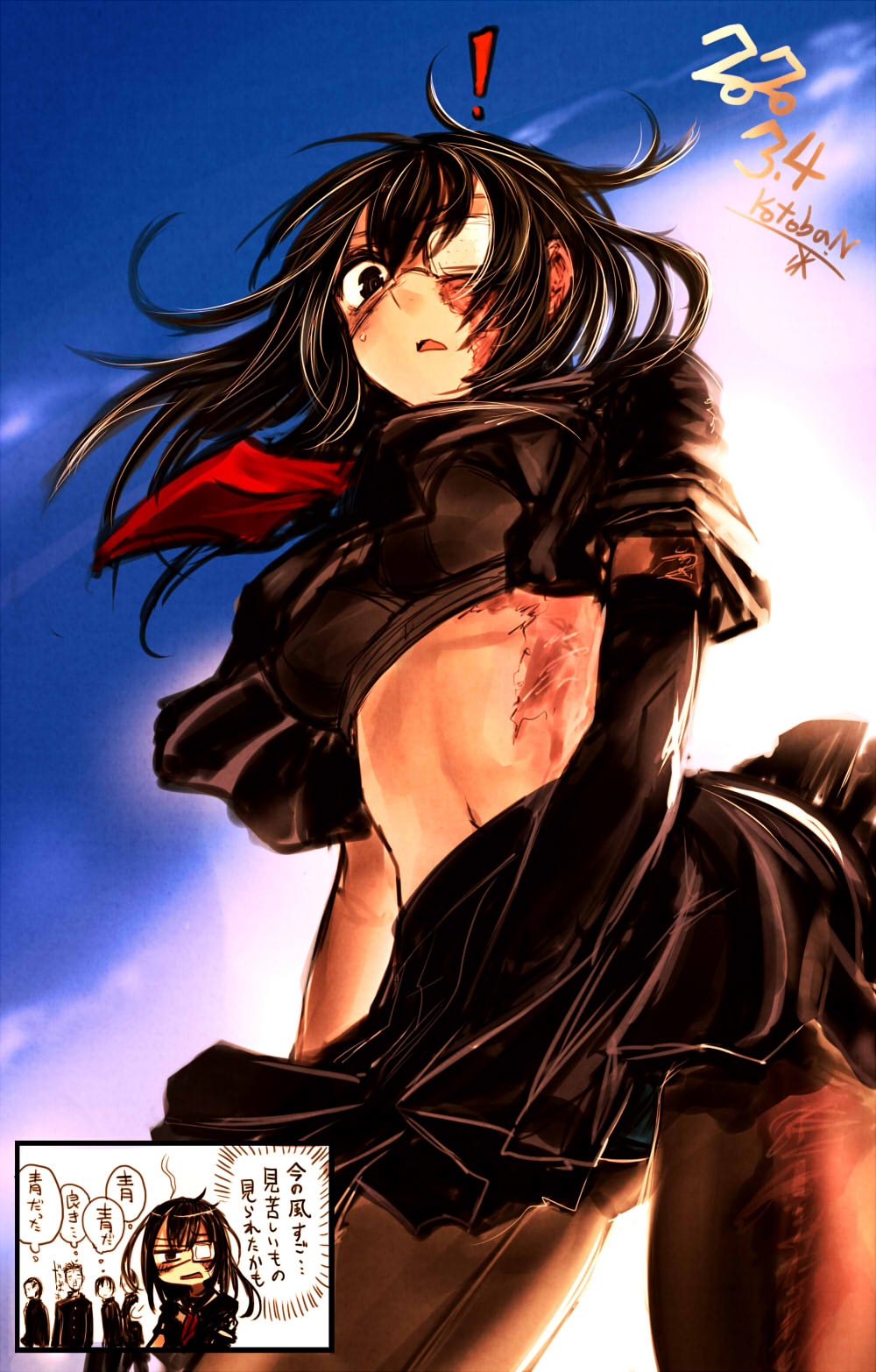 ! 1girl black_eyes black_hair black_serafuku black_shirt black_skirt brown_legwear cowboy_shot dated elbow_gloves eyepatch facial_scar from_behind gloves highres karahara_shima kotoba_noriaki looking_at_viewer medical_eyepatch midriff navel neckerchief one_eye_covered original outdoors pantyhose parted_lips pleated_skirt red_neckwear scar scar_on_cheek school_uniform serafuku shirt shirt_lift short_sleeves signature single_glove skirt solo_focus standing wind wind_lift