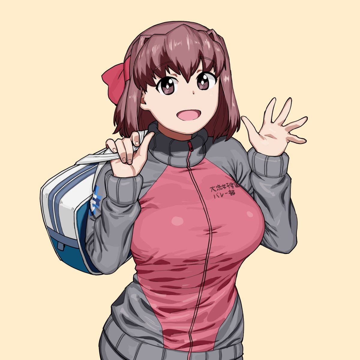 1girl bag bangs breasts brown_eyes carrying_over_shoulder commentary emblem eyebrows_visible_through_hair girls_und_panzer gym_uniform headband highres jacket kondou_taeko large_breasts long_sleeves looking_at_viewer medium_hair onsen_tamago_(hs_egg) ooarai_(emblem) open_mouth red_headband red_jacket school_bag simple_background smile solo track_jacket upper_body yellow_background