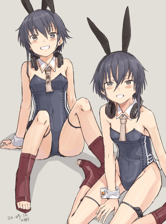 2girls adapted_costume animal_ears artist_name ascot asymmetrical_hair beige_neckwear black_hair black_leotard boots brown_eyes bunny_tail bunnysuit character_name dated detached_collar grey_background hair_between_eyes headphones headphones_around_neck high_heel_boots high_heels i-13_(kantai_collection) i-14_(kantai_collection) kantai_collection kawashina_(momen_silicon) leotard looking_at_viewer multiple_girls open_toe_shoes rabbit_ears shadow short_hair simple_background sitting strapless strapless_leotard tail wrist_cuffs