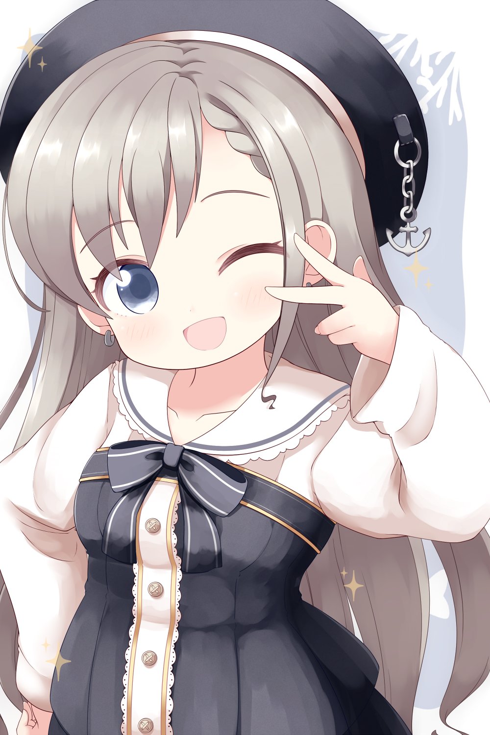 1girl ;d bangs beret black_bow black_dress black_headwear blue_eyes blush bow braid dress earrings eyebrows_visible_through_hair grey_hair hands_up hat head_tilt highres hisakawa_hayate idolmaster idolmaster_cinderella_girls idolmaster_cinderella_girls_starlight_stage jewelry looking_at_viewer one_eye_closed open_mouth pocopocoing sailor_collar shirt smile solo sparkle strapless strapless_dress v v_over_eye white_sailor_collar white_shirt