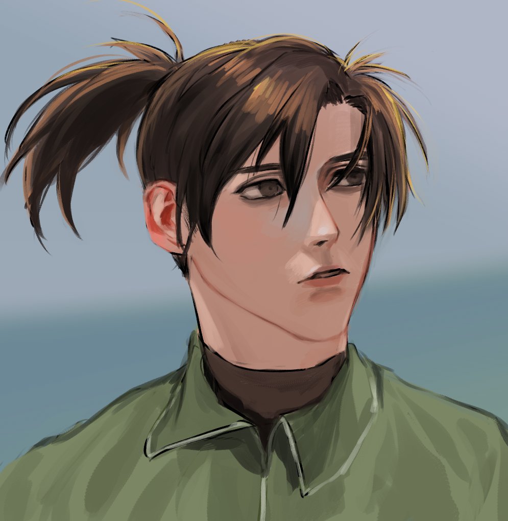 1boy brown_eyes brown_hair capelet katana_zero kazzang3 male_focus medium_hair military military_jacket military_uniform parted_lips ponytail solo sweater tied_hair turtleneck turtleneck_sweater uniform zero_(katana_zero)