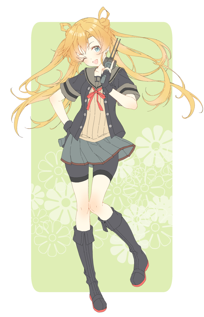 1girl abukuma_(kantai_collection) bike_shorts black_footwear black_gloves black_jacket blonde_hair blue_eyes blush boots double_bun full_body gloves grey_sailor_collar grey_skirt hair_between_eyes hair_rings highres jacket kantai_collection knee_boots long_hair neck_ribbon one_eye_closed open_mouth partly_fingerless_gloves pleated_skirt red_ribbon remodel_(kantai_collection) ribbon sailor_collar shiosoda short_sleeves shorts shorts_under_skirt skirt smile solo twintails