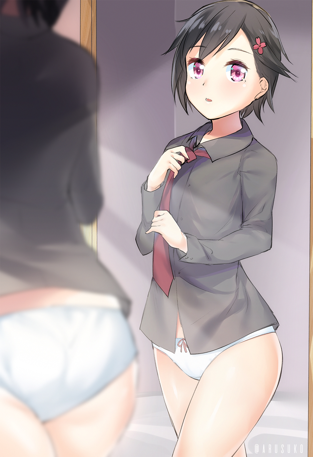 1girl artist_name arusuko black_hair black_shirt dressing flower hair_flower hair_ornament highres hondoumachi_koharu id_:invaded indoors mirror necktie panties pink_eyes shirt solo standing underwear white_panties