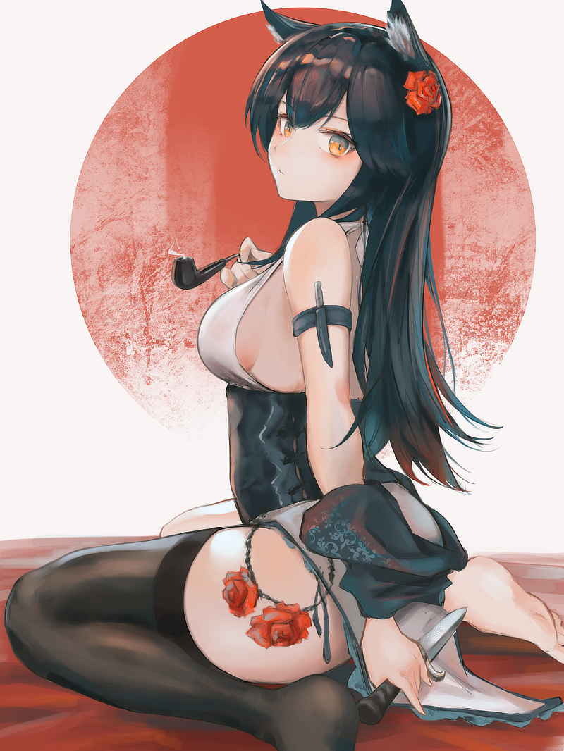 1girl animal_ear_fluff animal_ears arknights arm_strap ass bangs bare_shoulders barefoot black_hair black_legwear blush breasts closed_mouth corset dagger eyebrows_visible_through_hair eyyy flower from_side hair_flower hair_ornament holding holding_pipe holding_weapon long_hair looking_at_viewer looking_to_the_side medium_breasts orange_eyes pipe red_flower red_rose rising_sun rose sideboob single_thighhigh sleeveless solo sunburst texas_(arknights) thigh-highs weapon