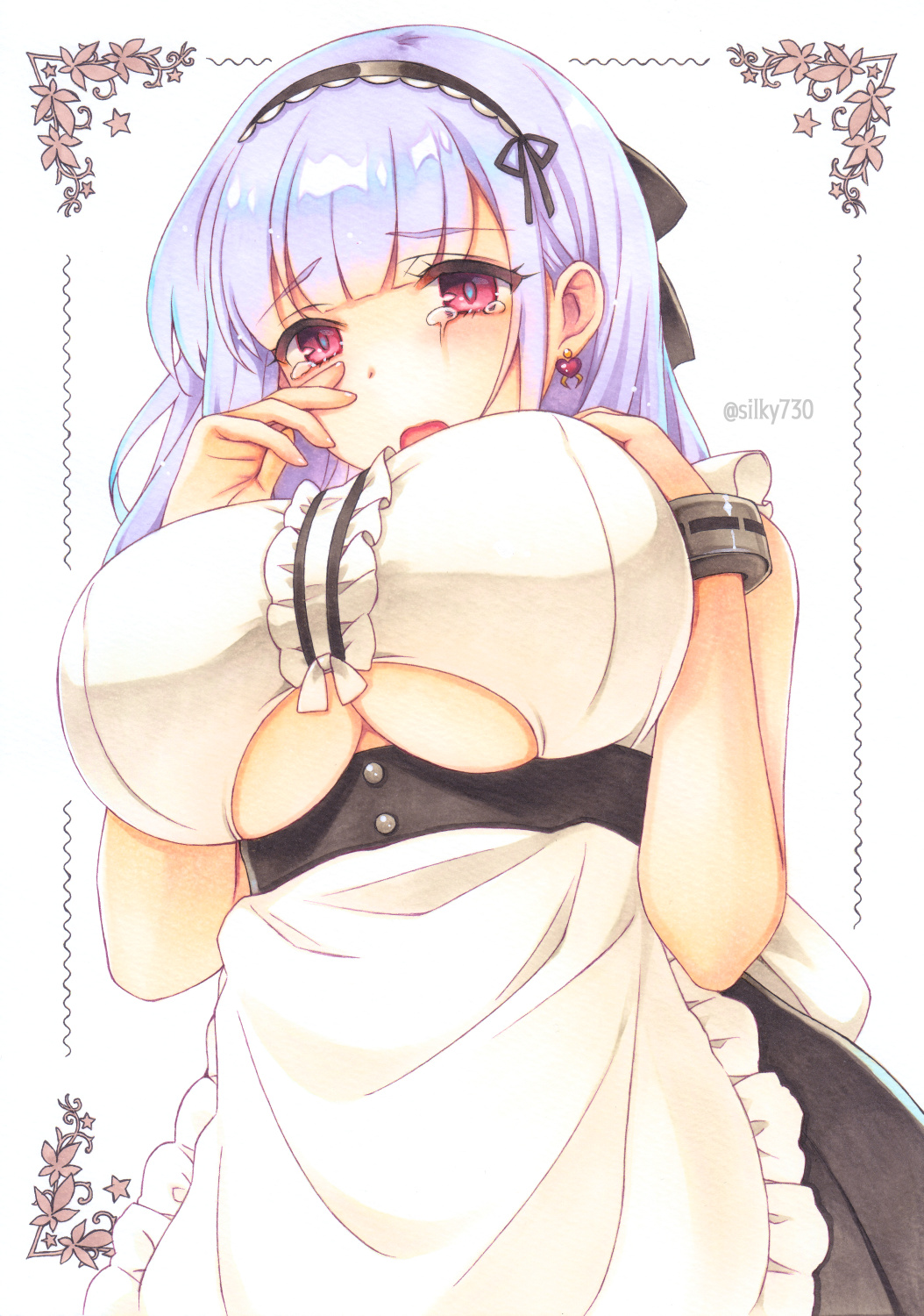 1girl apron azur_lane bangs bare_shoulders black_hairband blush breasts crying crying_with_eyes_open dido_(azur_lane) earrings eyebrows_visible_through_hair frills hairband highres jewelry large_breasts long_hair looking_at_viewer maid marker_(medium) silky_(silky_alice) silver_hair sleeveless solo tears traditional_media under_boob underboob_cutout violet_eyes waist_apron white_apron