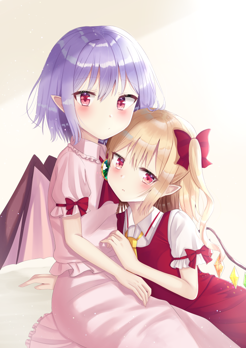 2girls :/ bat_wings blonde_hair blouse blue_hair blush brooch commentary cravat expressionless eyebrows_visible_through_hair flandre_scarlet gradient gradient_background hair_between_eyes hair_ribbon hand_on_lap head_on_chest jewelry light_particles looking_at_viewer medium_hair multiple_girls nibosisuzu no_hat no_headwear one_side_up parted_lips pink_blouse pink_skirt pointy_ears puffy_short_sleeves puffy_sleeves red_eyes red_neckwear red_skirt red_vest remilia_scarlet ribbon short_hair short_sleeves siblings sisters sitting skirt skirt_set touhou vest white_background wings yellow_neckwear