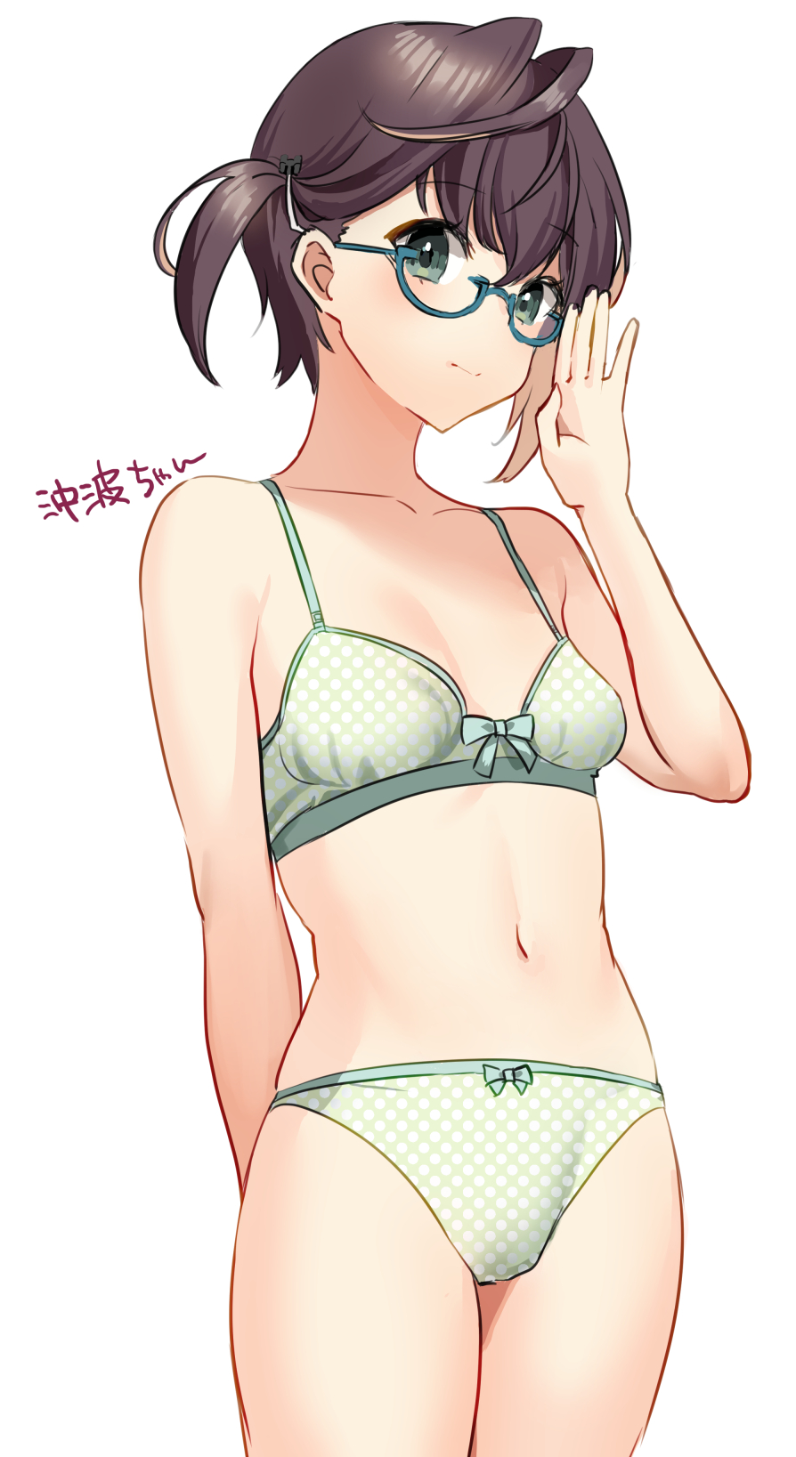 1girl adjusting_eyewear black_hair blue-framed_eyewear bra breasts commentary_request cowboy_shot glasses green_bra green_eyes green_panties highres kantai_collection looking_at_viewer mizuki_eiru_(akagi_kurage) okinami_(kantai_collection) panties pink_hair polka_dot polka_dot_bra polka_dot_panties semi-rimless_eyewear short_hair simple_background small_breasts solo underwear underwear_only white_background