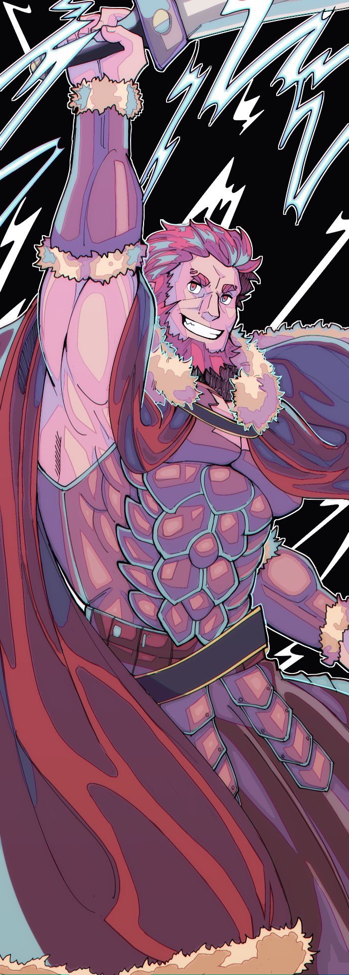 1boy abs armor armpits ba7_maru bara beard breastplate cape chest facial_hair fate/grand_order fate/zero fate_(series) fighting_stance fur fur_collar greek_clothes highres leather looking_at_viewer male_focus muscle pectorals redhead rider_(fate/zero) simple_background skirt smile solo sword teeth weapon