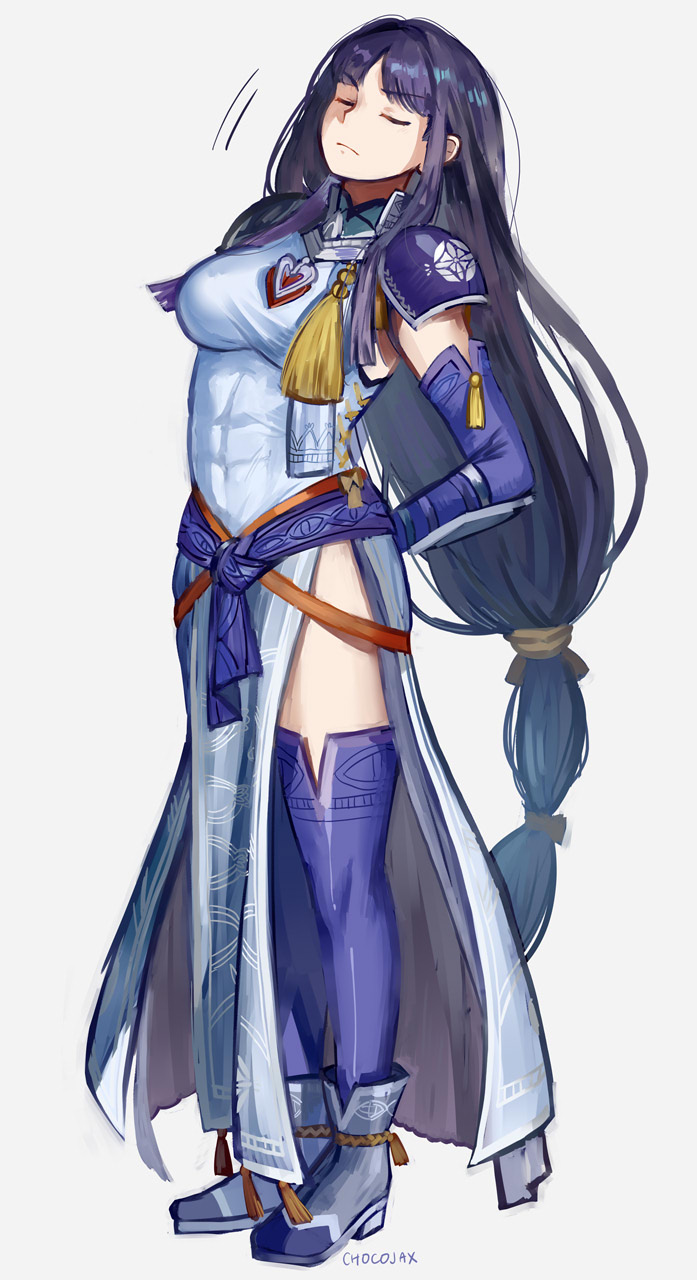 1girl abs altina arm_guards artist_name blue_dress blue_gloves blue_hair blue_legwear boots breasts chocojax closed_eyes covered_navel dress elbow_gloves fire_emblem fire_emblem:_radiant_dawn fire_emblem_heroes gloves grey_background highres long_hair medium_breasts pelvic_curtain shoulder_armor simple_background solo standing thigh-highs very_long_hair zettai_ryouiki
