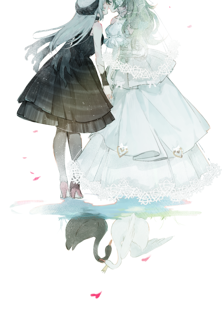 2girls bare_shoulders bird black_dress black_legwear bridal_veil bride contrast couple detached_sleeves different_reflection dress english_commentary flower from_behind girls_frontline green_hair hair_flower hair_ornament head_out_of_frame heart high_heels highres imminent_kiss lace lace-trimmed_dress leaning_forward leaning_on_person long_dress long_hair m950a_(girls_frontline) multiple_girls pantyhose profile puddle reflection see-through short_dress shuzi silver_hair standing swan thunder_(girls_frontline) veil wedding_dress white_background white_dress white_flower wife_and_wife wrist_cuffs yuri