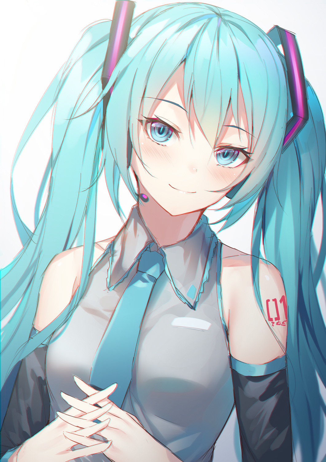 1girl 39 alexmaster aqua_eyes aqua_hair bare_shoulders breasts closed_mouth collared_shirt commentary_request detached_sleeves grey_shirt hair_ornament hatsune_miku highres long_hair long_sleeves looking_at_viewer necktie own_hands_together shirt shoulder_tattoo simple_background small_breasts smile solo tattoo twintails upper_body vocaloid white_background