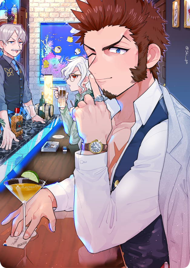 beard blue_eyes chest cup drinking_glass edmond_dantes_(fate/grand_order) facial_hair fate/grand_order fate_(series) finger_to_mouth formal glasses grey_hair james_moriarty_(fate/grand_order) jewelry long_hair long_sleeves looking_at_another male_focus multiple_boys muscle mustache napoleon_bonaparte_(fate/grand_order) open_mouth ring scar shitappa shushing sitting smile watch white_day