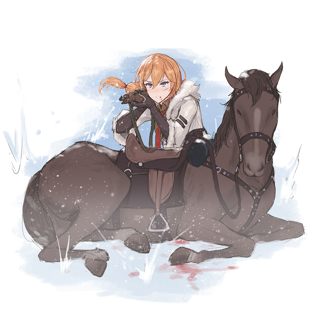 1girl aiming blonde_hair blood blue_eyes blurry blurry_background bolt_action eliskalti fur-trimmed_jacket fur-trimmed_sleeves fur_trim girls_frontline gun hat horse jacket mosin-nagant mosin-nagant_(girls_frontline) necktie red_neckwear riding rifle saddle snowing star sword weapon