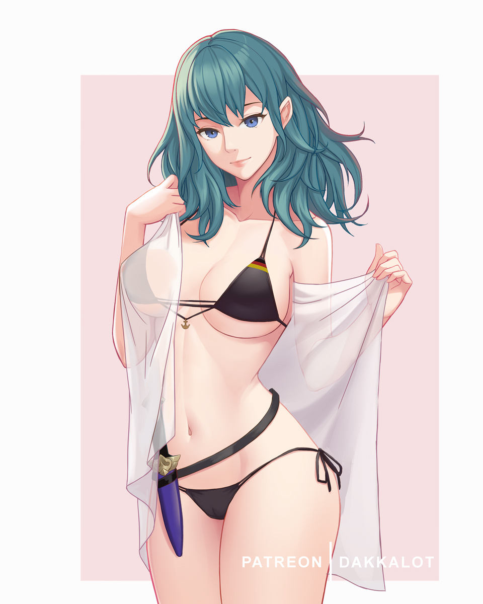 1girl azur_lane belt bikini black_bikini blue_eyes border breasts byleth_(fire_emblem) byleth_eisner_(female) cosplay cowboy_shot dagger dakkalot fire_emblem fire_emblem:_three_houses flag_print german_flag_bikini green_hair hair_between_eyes highres large_breasts medium_hair navel pink_background pink_lips prinz_eugen_(azur_lane) prinz_eugen_(azur_lane)_(cosplay) side-tie_bikini smile swimsuit towel weapon white_border