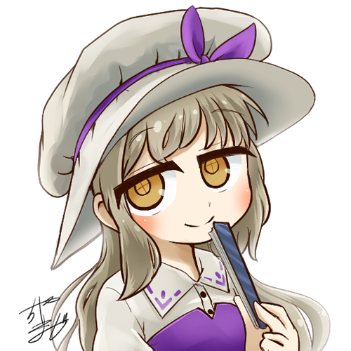 +_+ 1girl avatar_icon chamaji collared_shirt commentary_request eyebrows_visible_through_hair fan folding_fan hat hat_ribbon holding holding_fan long_hair looking_at_viewer lowres partial_commentary ribbon shirt sidelocks signature smile solo touhou upper_body vest watatsuki_no_toyohime white_background