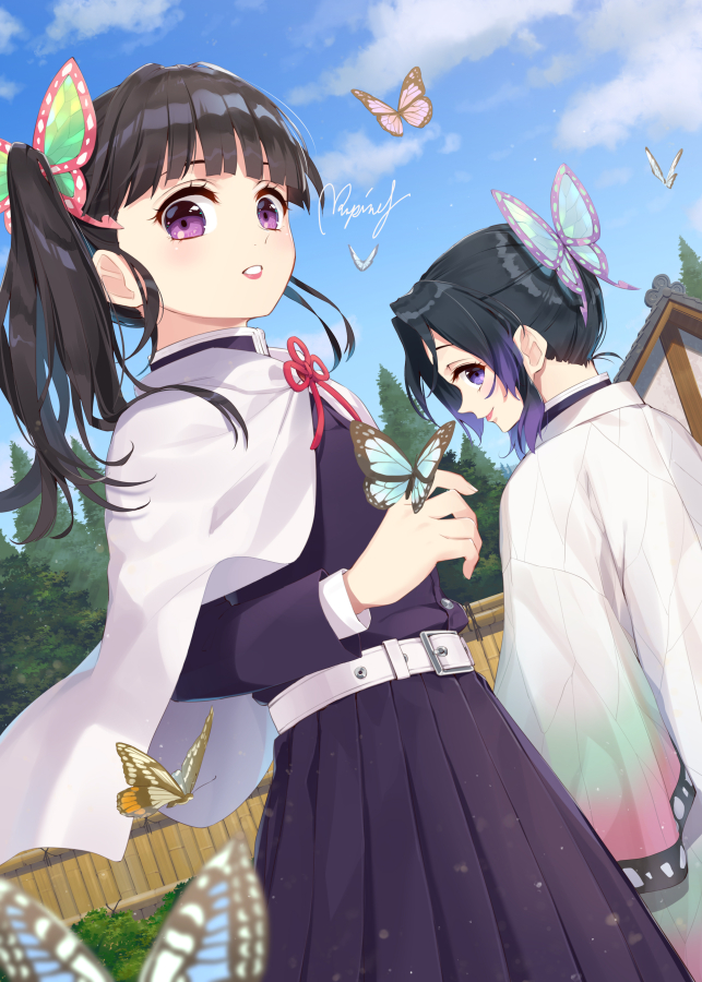 2girls animal bangs belt black_hair blunt_bangs bug butterfly butterfly_hair_ornament clouds commentary_request day dutch_angle hair_ornament haori insect japanese_clothes kimetsu_no_yaiba kochou_shinobu long_sleeves looking_at_viewer multiple_girls outdoors pink_lips pleated_skirt rupinesu side_ponytail signature skirt tree tsuyuri_kanao violet_eyes white_belt