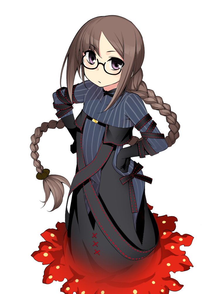 1girl bangs black-framed_eyewear black_bow black_dress black_gloves blue_bodysuit blush bodysuit bodysuit_under_clothes bow braid breasts brown_hair closed_mouth commentary_request consort_yu_(fate) dress elbow_gloves eyebrows_visible_through_hair fate/grand_order fate_(series) full_body glasses gloves hair_ornament hands_on_hips long_hair long_sleeves looking_at_viewer namonashi parted_bangs semi-rimless_eyewear simple_background single_braid small_breasts solo standing strapless strapless_dress striped striped_bodysuit under-rim_eyewear vertical_stripes very_long_hair violet_eyes white_background