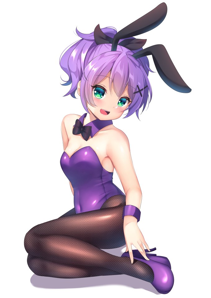 1girl :d agung_syaeful_anwar alternate_costume animal_ears azur_lane bare_shoulders blush bow bowtie breasts bunnysuit covered_navel detached_collar english_commentary fake_animal_ears fishnet_legwear fishnets full_body green_eyes hair_ornament hairclip high_heels javelin_(azur_lane) looking_at_viewer open_mouth pantyhose purple_hair rabbit_ears simple_background sitting small_breasts smile solo white_background wristband yokozuwari