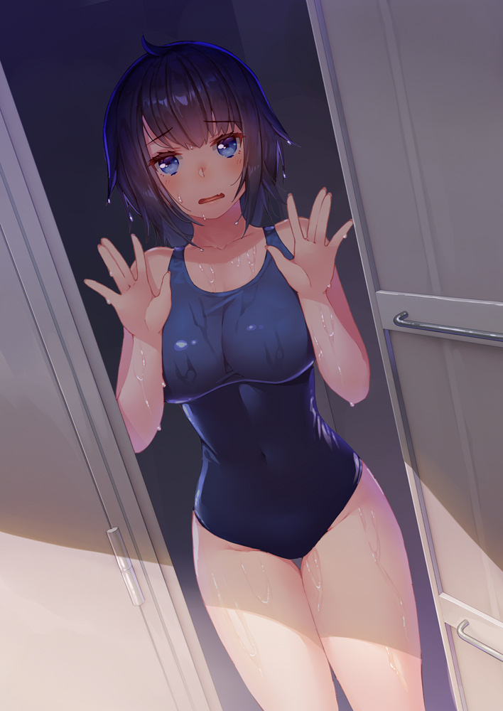 1girl ahoge bangs bare_arms bare_shoulders black_hair black_swimsuit blue_eyes blush breasts collarbone commentary_request competition_swimsuit copyright_request covered_navel dutch_angle eyebrows_visible_through_hair fang groin hands_up indoors kibanda_gohan large_breasts looking_at_viewer one-piece_swimsuit open_door parted_lips short_hair skin_fang solo standing swimsuit thigh_gap thighs wet wet_clothes wet_hair wet_swimsuit