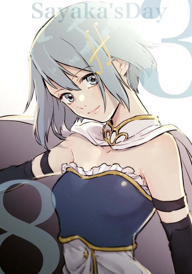 1girl arms_at_sides bare_shoulders blue_eyes blue_hair breasts cape character_name close-up closed_mouth collarbone detached_sleeves english_text eyebrows_visible_through_hair eyes_visible_through_hair floating_hair fortissimo fortissimo_hair_ornament frills hair_between_eyes hair_ornament hairclip happy head_tilt light_smile looking_at_viewer mahou_shoujo_madoka_magica medium_breasts miki_sayaka number shiny shiny_hair short_hair sideboob simple_background smile solo strapless upper_body white_background white_cape yukishiro_(hitsuji)