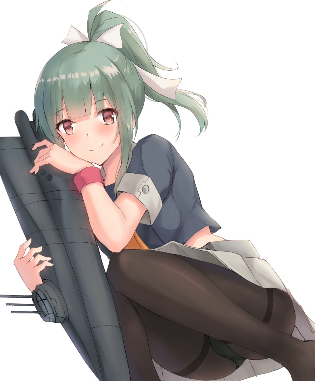 1girl black_legwear black_shirt brown_eyes commentary_request green_hair grey_sailor_collar grey_skirt hair_ribbon highres k_jie kantai_collection long_hair looking_at_viewer orange_neckwear pantyhose pleated_skirt ponytail remodel_(kantai_collection) ribbon sailor_collar school_uniform serafuku shirt simple_background skirt smile solo squatting submarine thighband_pantyhose watercraft white_background yuubari_(kantai_collection)